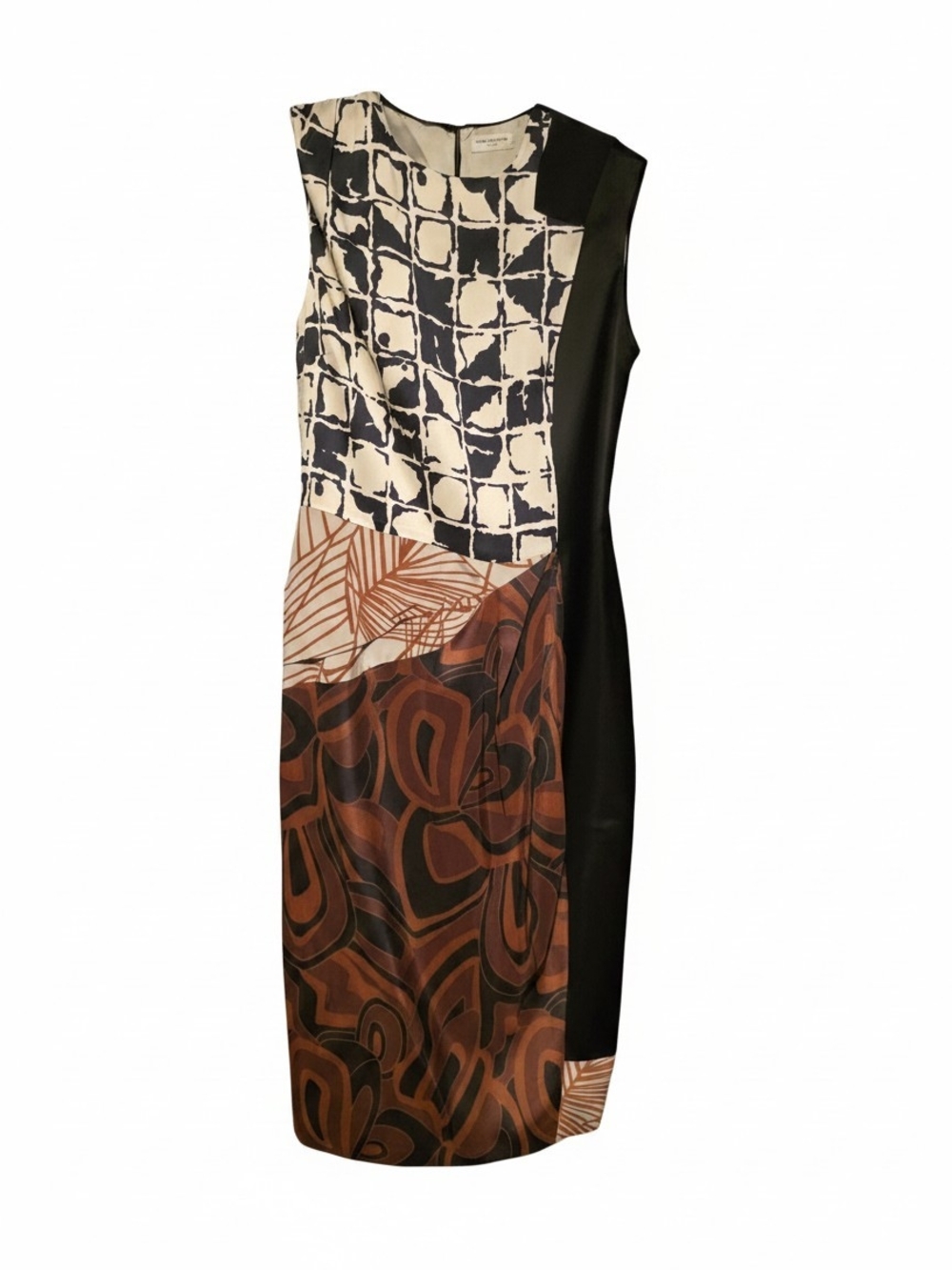 Dries Van Noten Mixed Print Midi Dress in Black, Cream and Brown